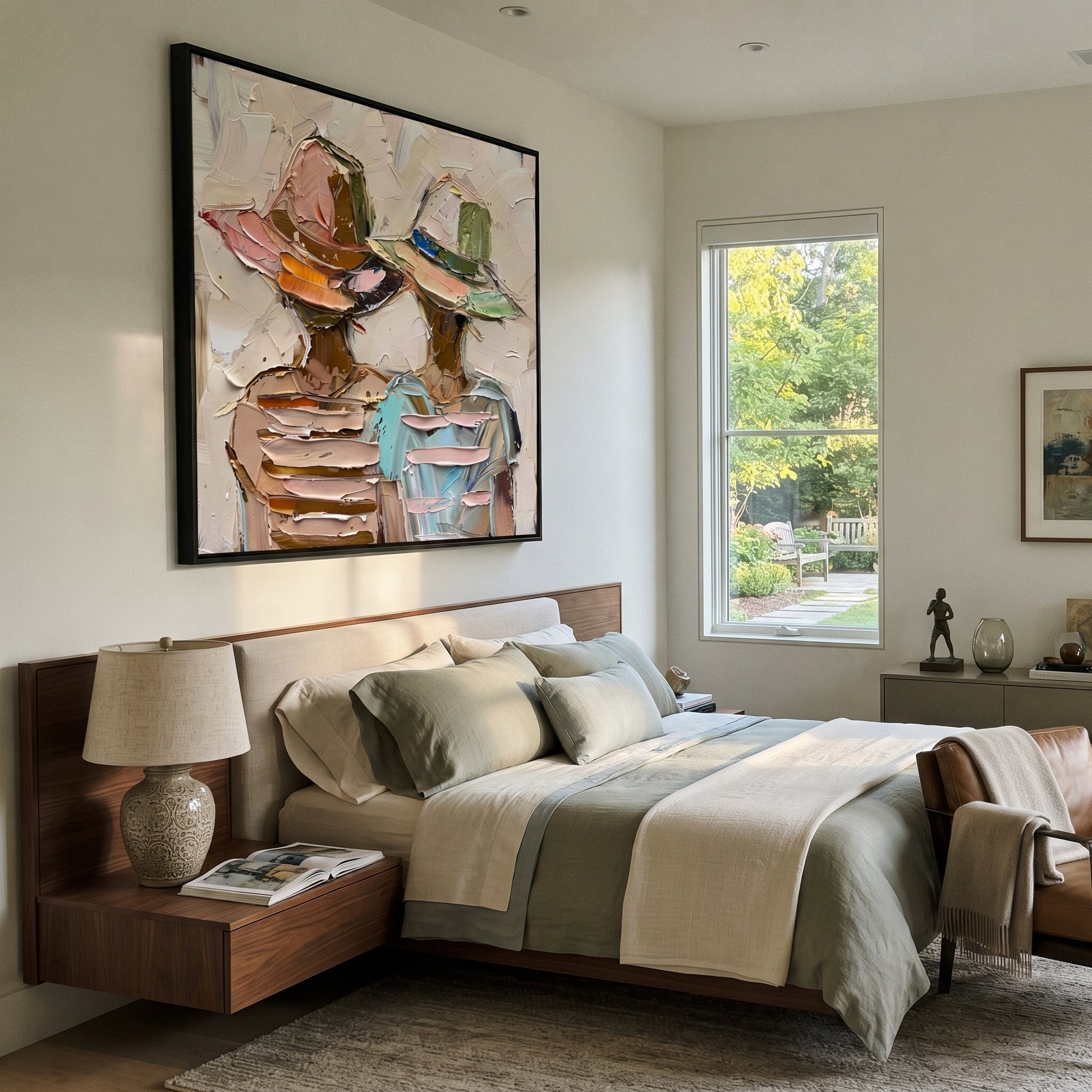 Pastel Hats Layer Faces - layered hat figure pair painting by Elliot Vale, modern figurative square wall art - styled room scene view 4