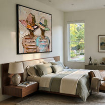 Pastel Hats Layer Faces - layered hat figure pair painting by Elliot Vale, modern figurative square wall art - styled room scene view 4