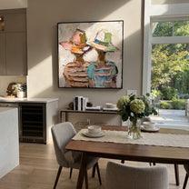 Pastel Hats Layer Faces - layered hat figure pair painting by Elliot Vale, modern figurative square wall art - styled room scene view 5