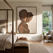 Two Profiles Share Bronze - bronze profile figure painting by Elliot Vale, modern figurative vertical wall art - styled room scene view 1