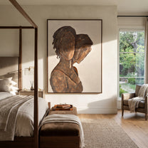 Two Profiles Share Bronze - bronze profile figure painting by Elliot Vale, modern figurative vertical wall art - styled room scene view 1