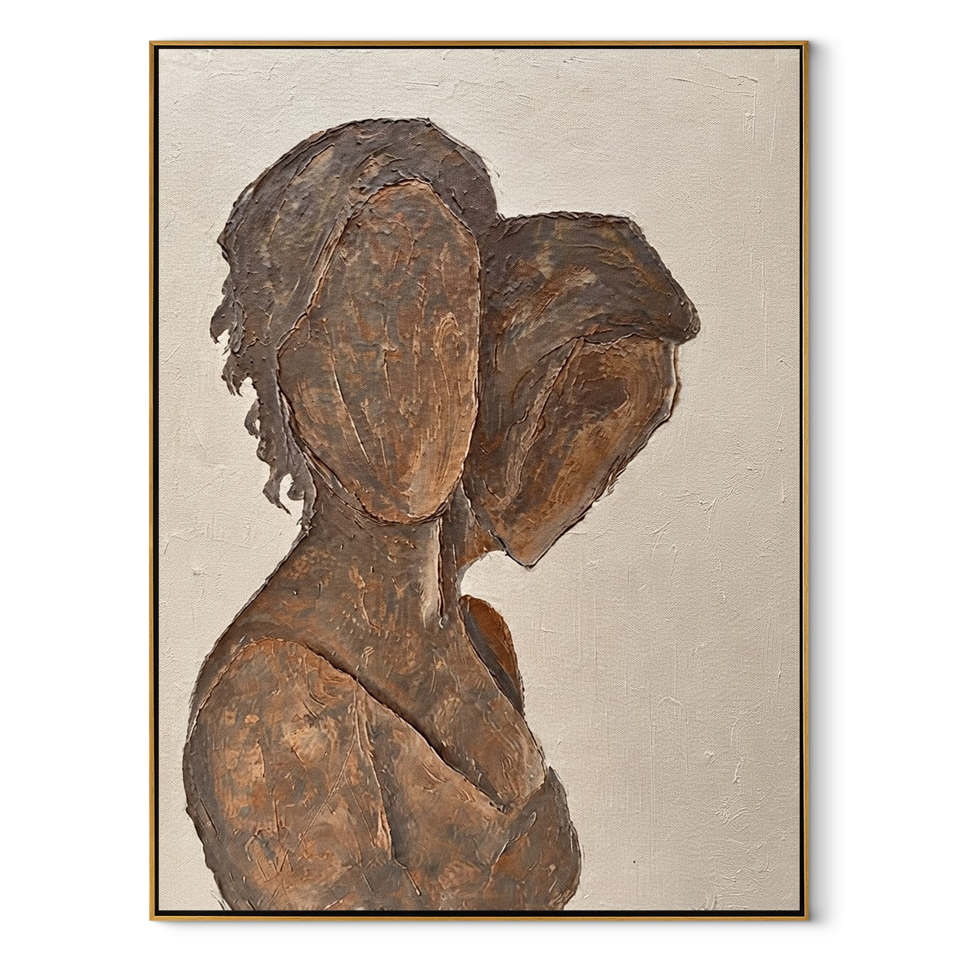 Two Profiles Share Bronze - bronze profile figure painting by Elliot Vale, modern figurative vertical wall art - wood frame on white background