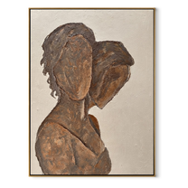 Two Profiles Share Bronze - bronze profile figure painting by Elliot Vale, modern figurative vertical wall art - wood frame on white background