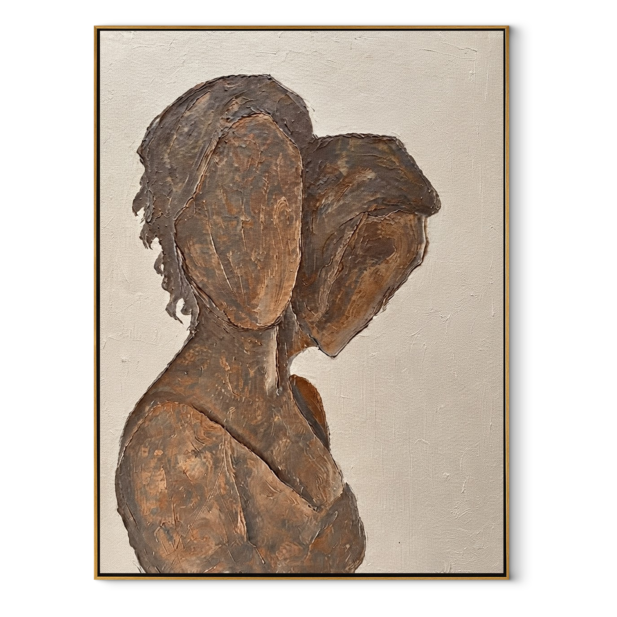 Two Profiles Share Bronze - bronze profile figure painting by Elliot Vale, modern figurative vertical wall art - wood frame on white background