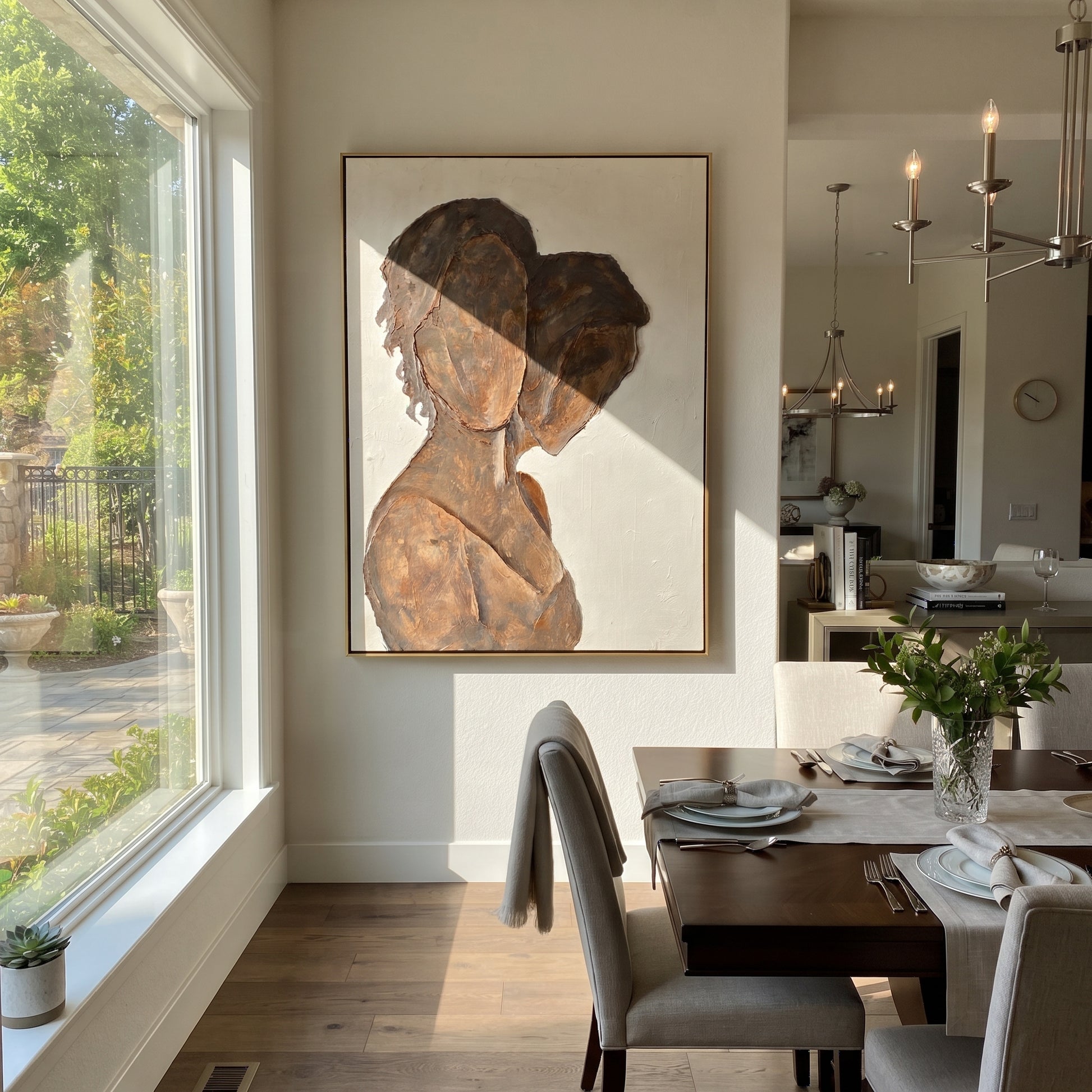 Two Profiles Share Bronze - bronze profile figure painting by Elliot Vale, modern figurative vertical wall art - styled room scene view 2