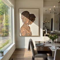 Two Profiles Share Bronze - bronze profile figure painting by Elliot Vale, modern figurative vertical wall art - styled room scene view 2