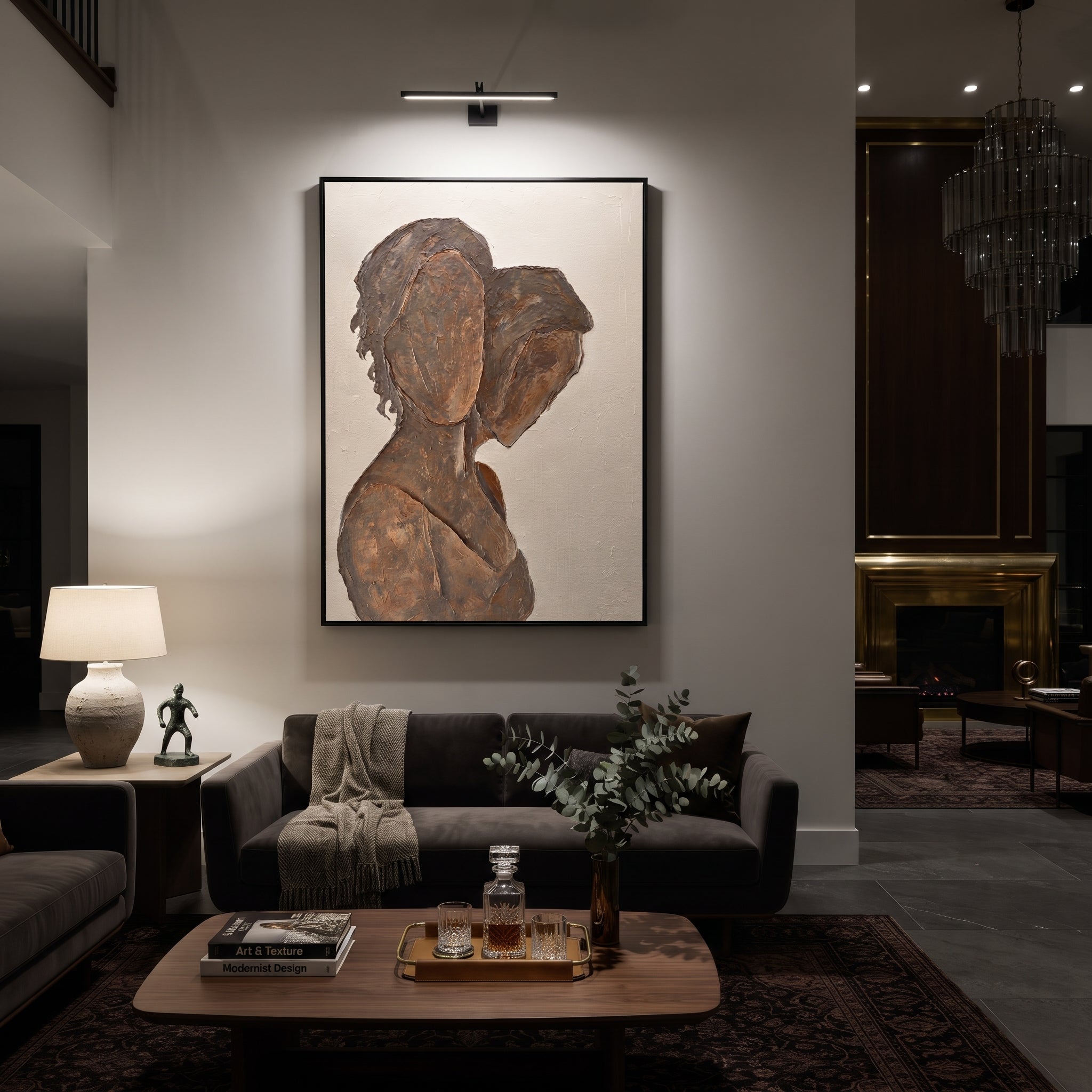 Two Profiles Share Bronze - bronze profile figure painting by Elliot Vale, modern figurative vertical wall art - styled room scene view 3