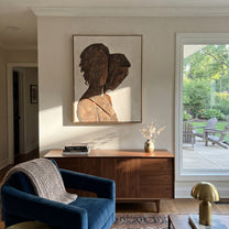 Two Profiles Share Bronze - bronze profile figure painting by Elliot Vale, modern figurative vertical wall art - styled room scene view 4