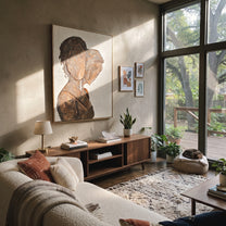Two Profiles Share Bronze - bronze profile figure painting by Elliot Vale, modern figurative vertical wall art - styled room scene view 5