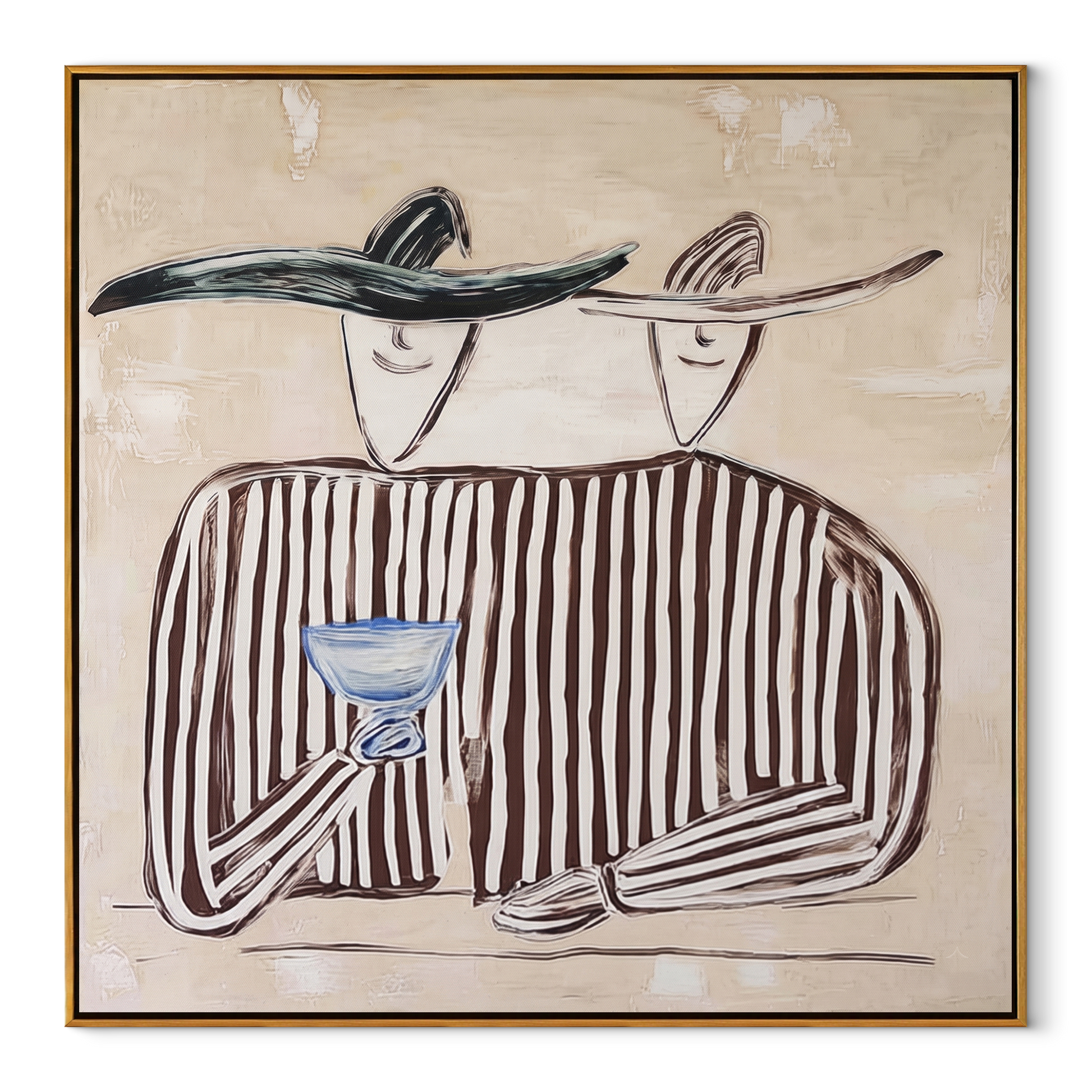 Blue Glass Holds Stripes - striped wine figure pair painting by Elliot Vale, modern figurative square wall art - wood frame on white background