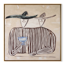 Blue Glass Holds Stripes - striped wine figure pair painting by Elliot Vale, modern figurative square wall art - wood frame on white background