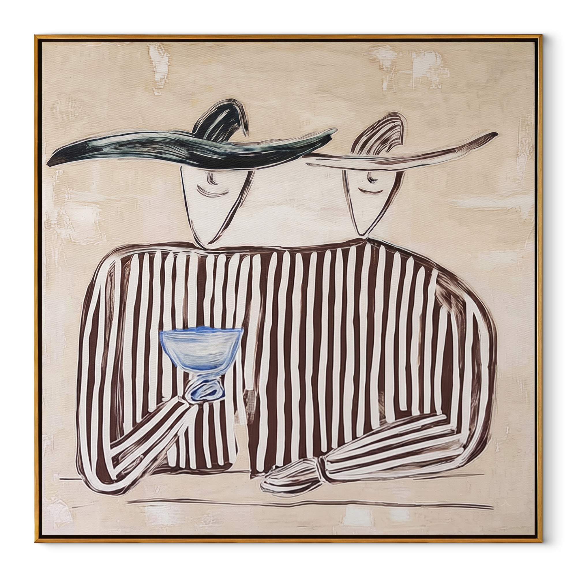 Blue Glass Holds Stripes - striped wine figure pair painting by Elliot Vale, modern figurative square wall art - wood frame on white background