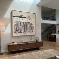 Blue Glass Holds Stripes - striped wine figure pair painting by Elliot Vale, modern figurative square wall art - styled room scene view 3