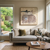 Blue Glass Holds Stripes - striped wine figure pair painting by Elliot Vale, modern figurative square wall art - styled room scene view 5