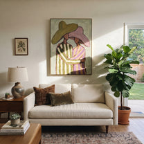 Striped Embrace Holds Olive - embracing hat figure pair painting by Elliot Vale, modern figurative vertical wall art - styled room scene view 1