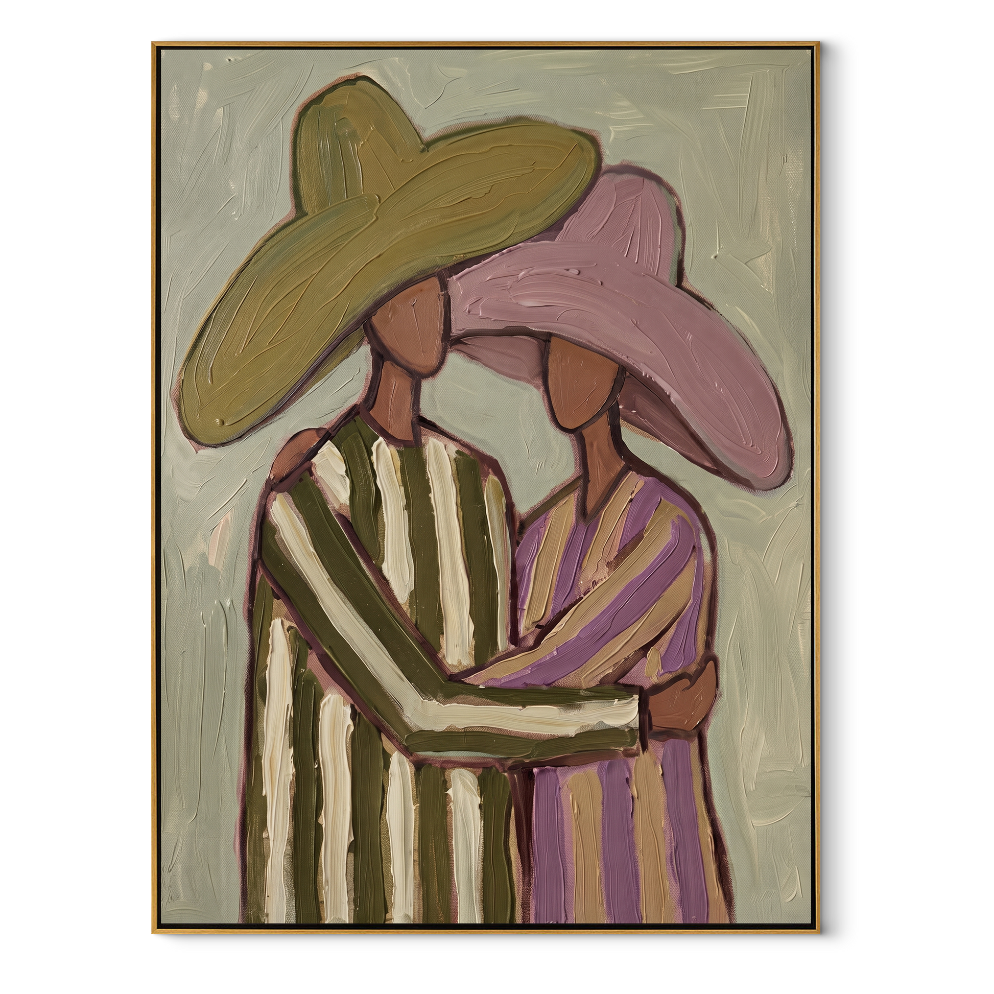 Striped Embrace Holds Olive - embracing hat figure pair painting by Elliot Vale, modern figurative vertical wall art - wood frame on white background