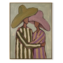 Striped Embrace Holds Olive - embracing hat figure pair painting by Elliot Vale, modern figurative vertical wall art - wood frame on white background