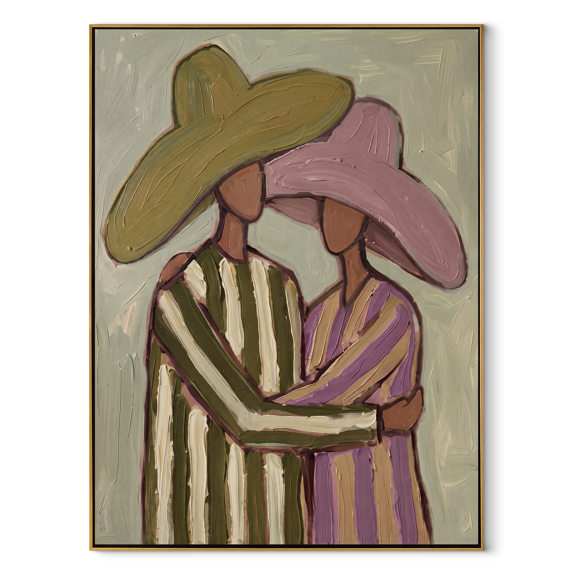 Striped Embrace Holds Olive - embracing hat figure pair painting by Elliot Vale, modern figurative vertical wall art - wood frame on white background