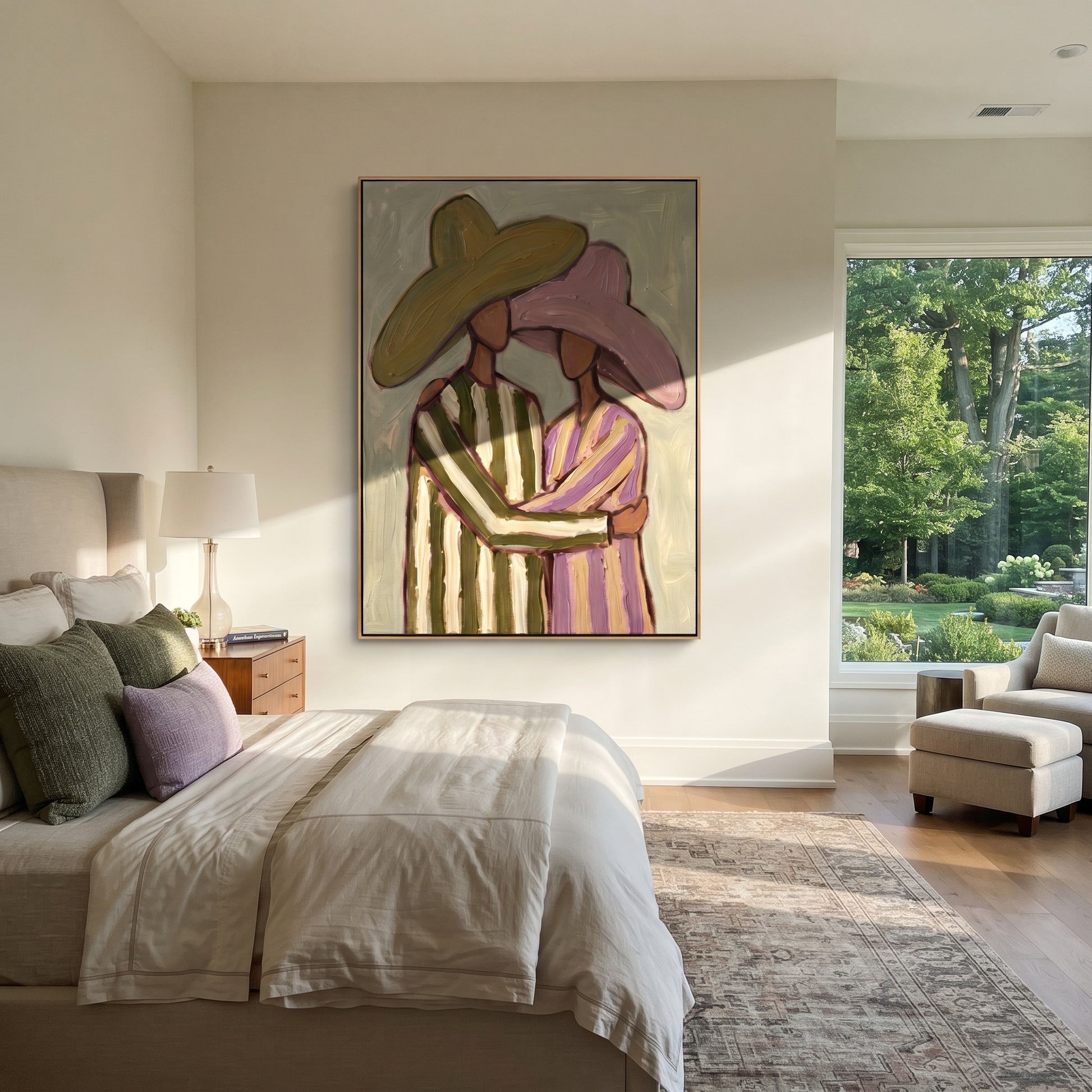 Striped Embrace Holds Olive - embracing hat figure pair painting by Elliot Vale, modern figurative vertical wall art - styled room scene view 2