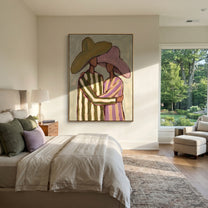 Striped Embrace Holds Olive - embracing hat figure pair painting by Elliot Vale, modern figurative vertical wall art - styled room scene view 2