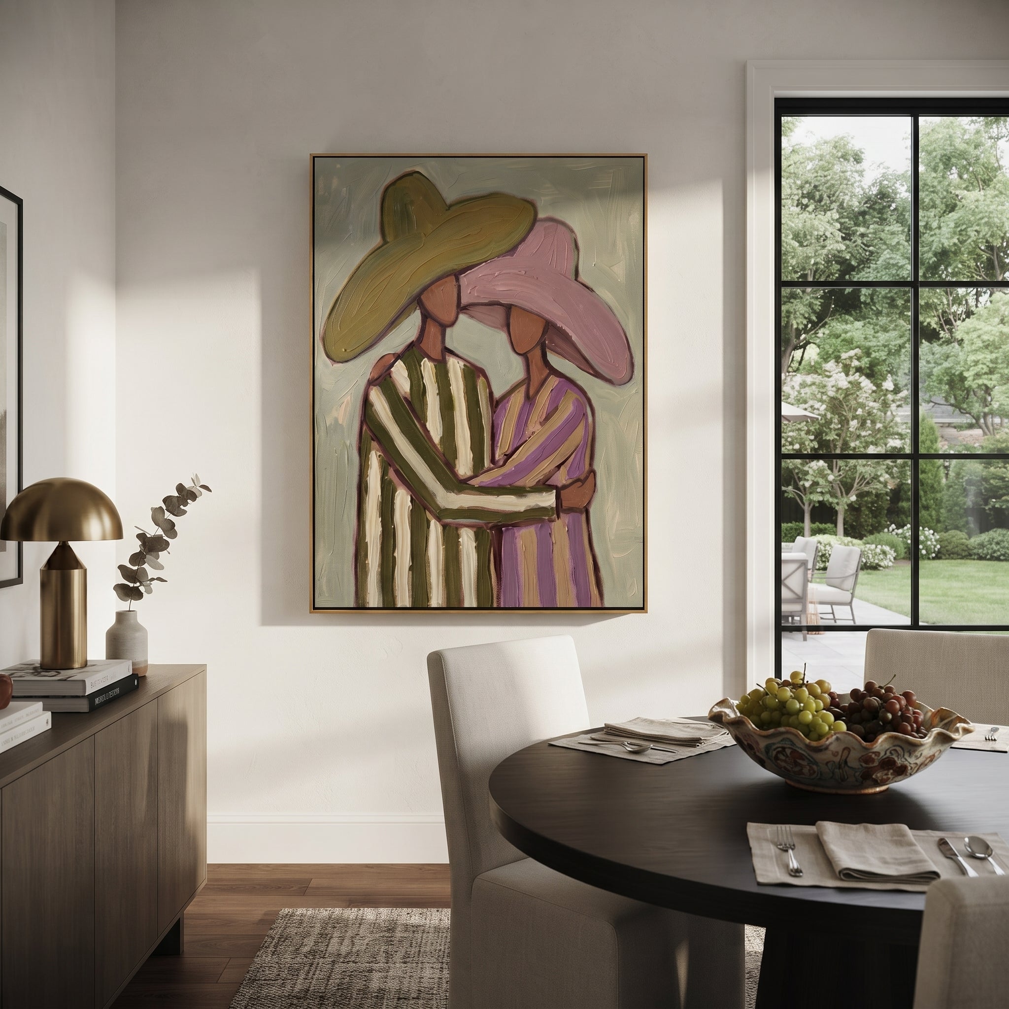 Striped Embrace Holds Olive - embracing hat figure pair painting by Elliot Vale, modern figurative vertical wall art - styled room scene view 3