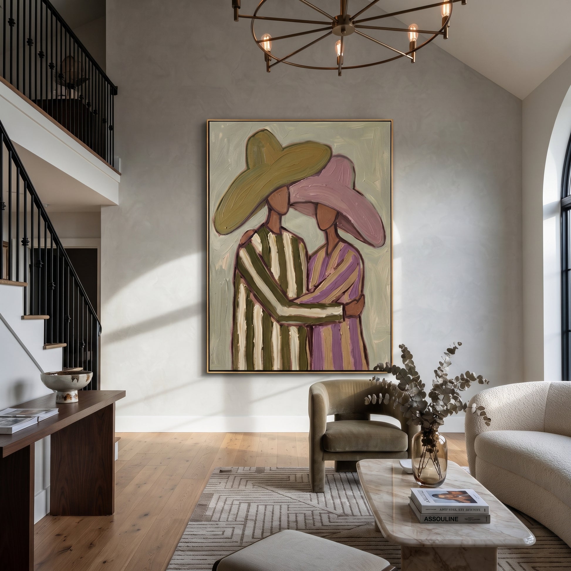 Striped Embrace Holds Olive - embracing hat figure pair painting by Elliot Vale, modern figurative vertical wall art - styled room scene view 4