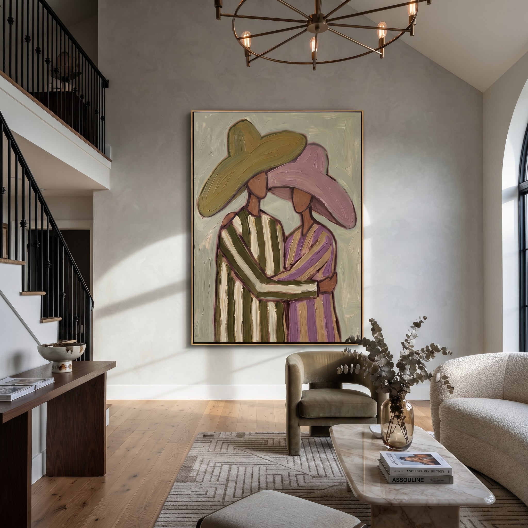 Striped Embrace Holds Olive - embracing hat figure pair painting by Elliot Vale, modern figurative vertical wall art - styled room scene view 4