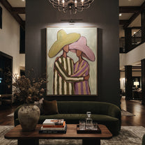 Striped Embrace Holds Olive - embracing hat figure pair painting by Elliot Vale, modern figurative vertical wall art - styled room scene view 5