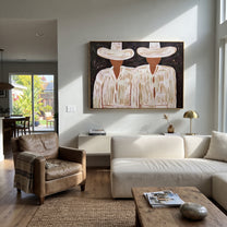 White Hats Guard Night - white hat figure pair painting by Elliot Vale, modern figurative horizontal wall art - styled room scene view 1