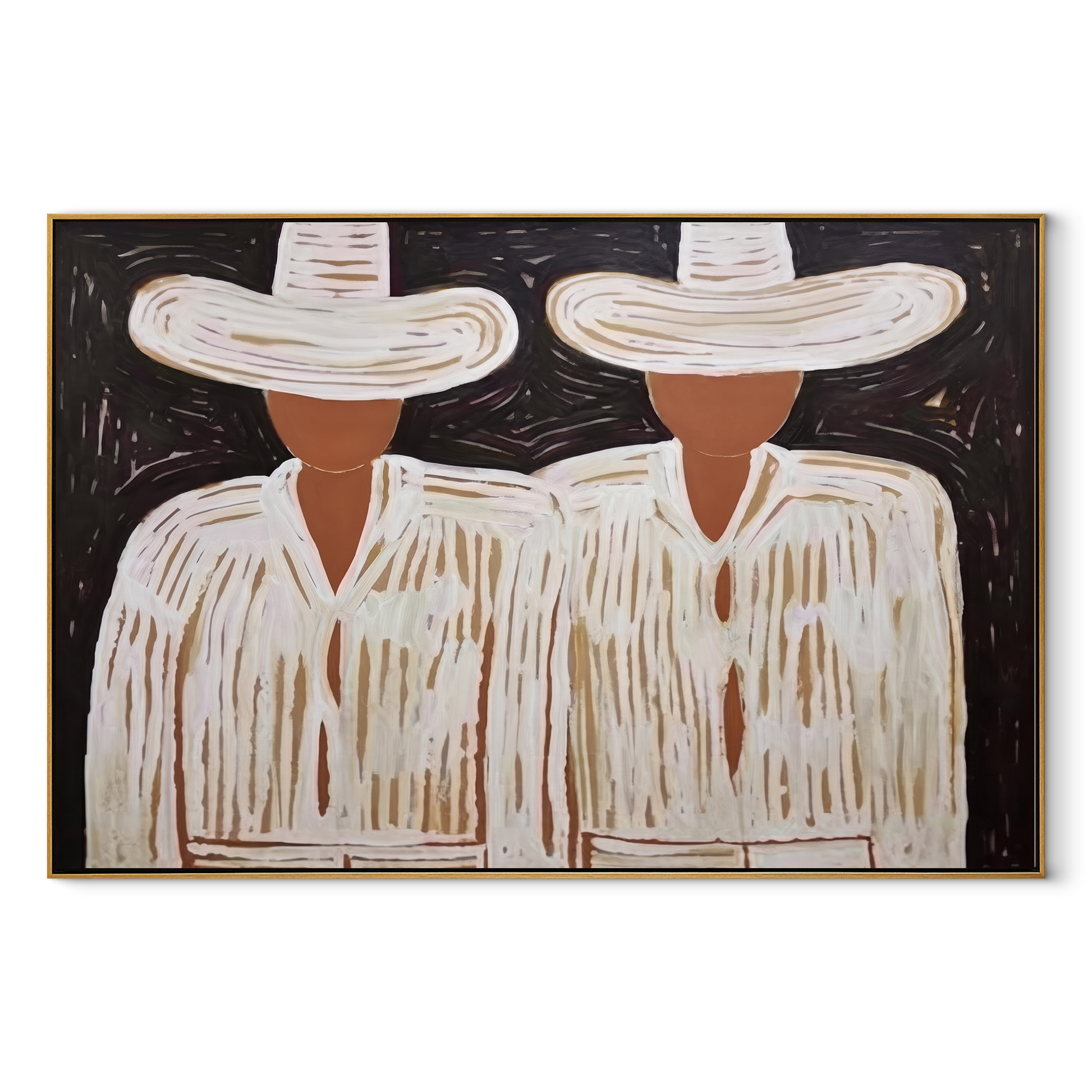 White Hats Guard Night - white hat figure pair painting by Elliot Vale, modern figurative horizontal wall art - wood frame on white background