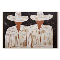 White Hats Guard Night - white hat figure pair painting by Elliot Vale, modern figurative horizontal wall art - wood frame on white background