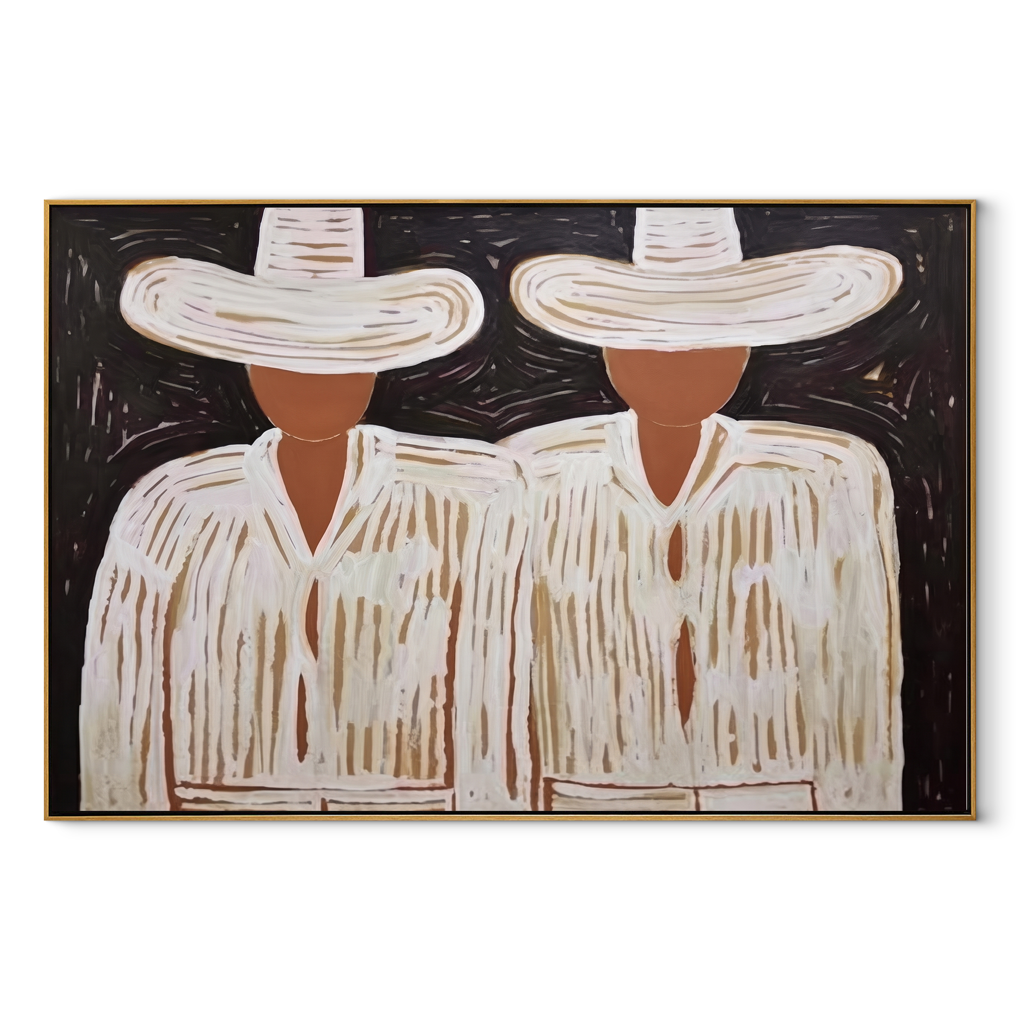 White Hats Guard Night - white hat figure pair painting by Elliot Vale, modern figurative horizontal wall art - wood frame on white background