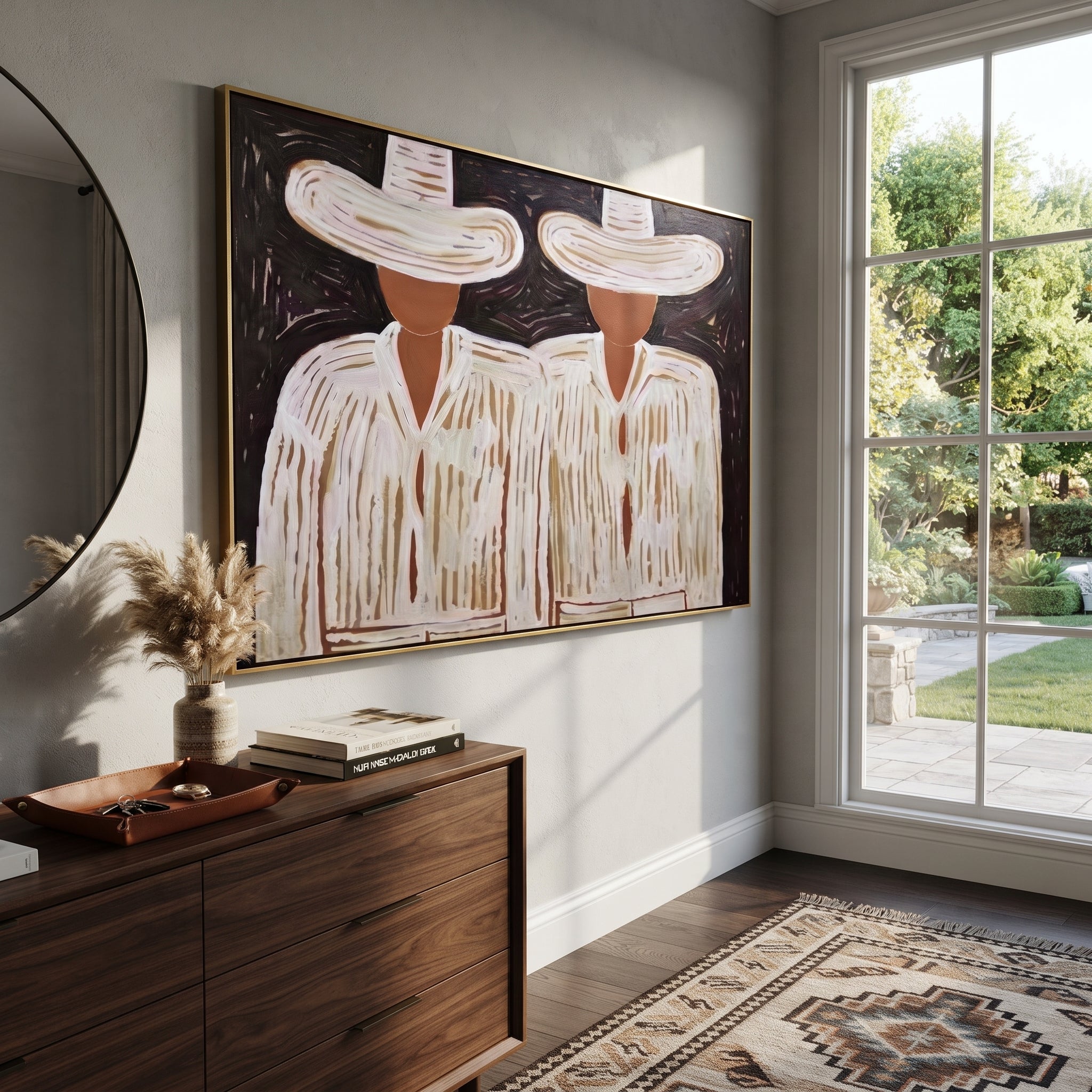 White Hats Guard Night - white hat figure pair painting by Elliot Vale, modern figurative horizontal wall art - styled room scene view 2