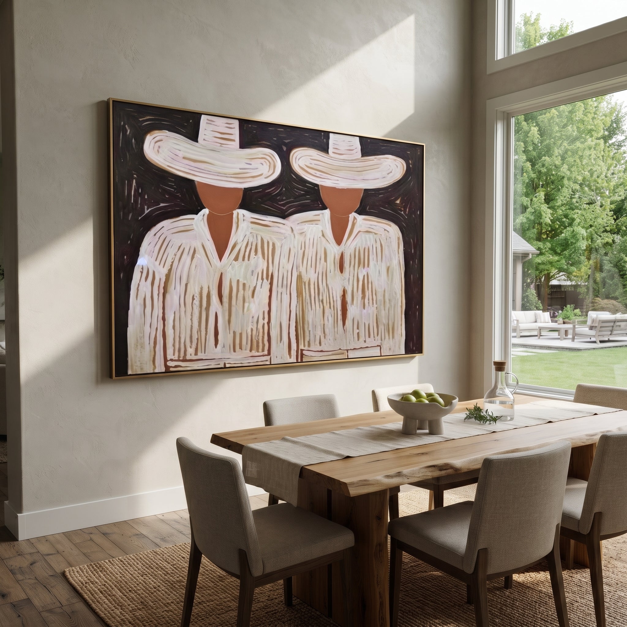 White Hats Guard Night - white hat figure pair painting by Elliot Vale, modern figurative horizontal wall art - styled room scene view 3
