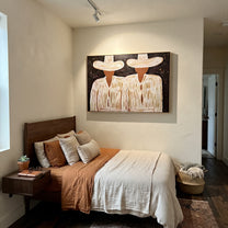 White Hats Guard Night - white hat figure pair painting by Elliot Vale, modern figurative horizontal wall art - styled room scene view 4