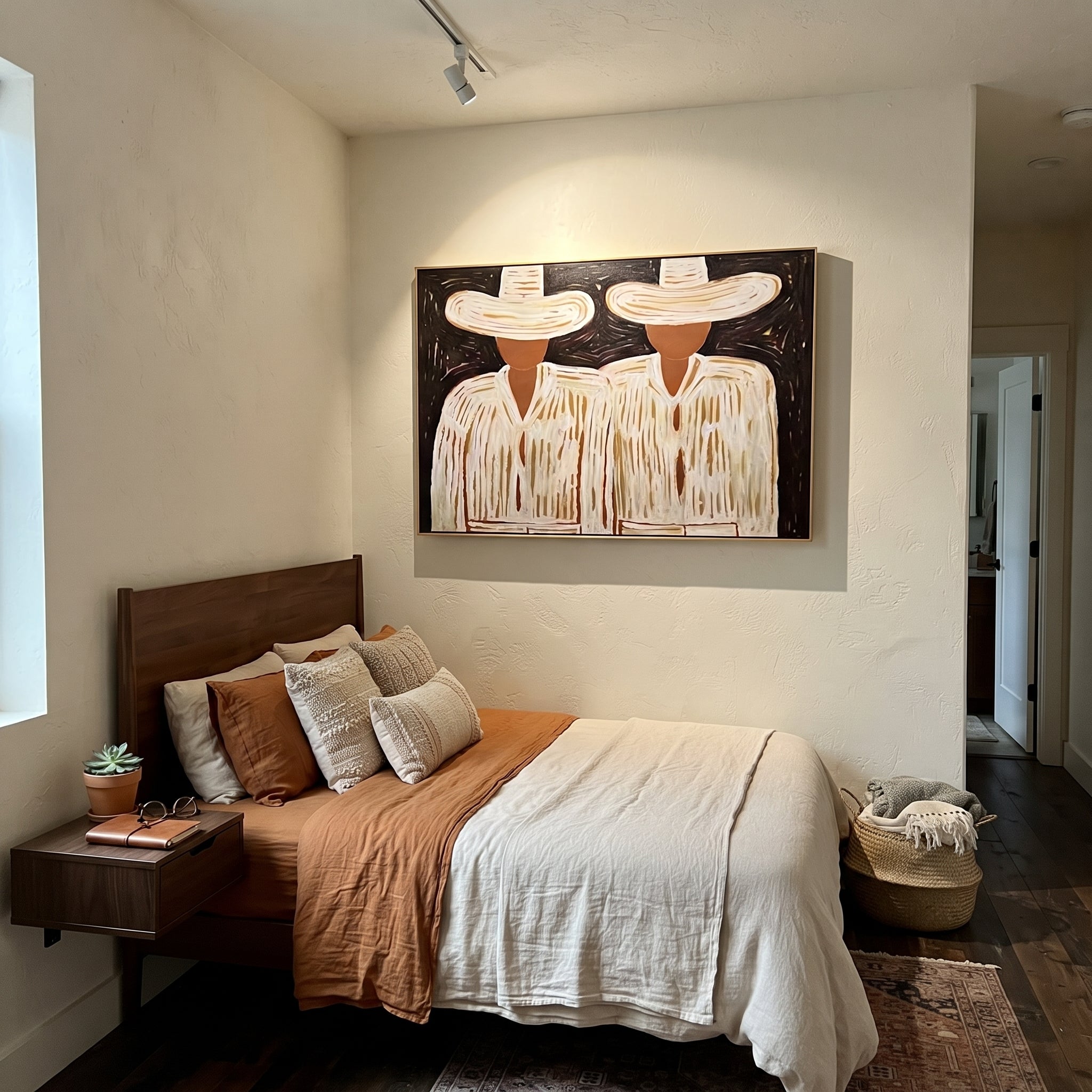 White Hats Guard Night - white hat figure pair painting by Elliot Vale, modern figurative horizontal wall art - styled room scene view 4