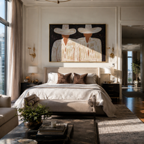 White Hats Guard Night - white hat figure pair painting by Elliot Vale, modern figurative horizontal wall art - styled room scene view 5