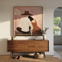 White Shirt Calms Blush - seated companion folk painting by Elliot Vale, modern figurative square wall art - styled room scene view 1