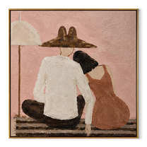 White Shirt Calms Blush - seated companion folk painting by Elliot Vale, modern figurative square wall art - wood frame on white background