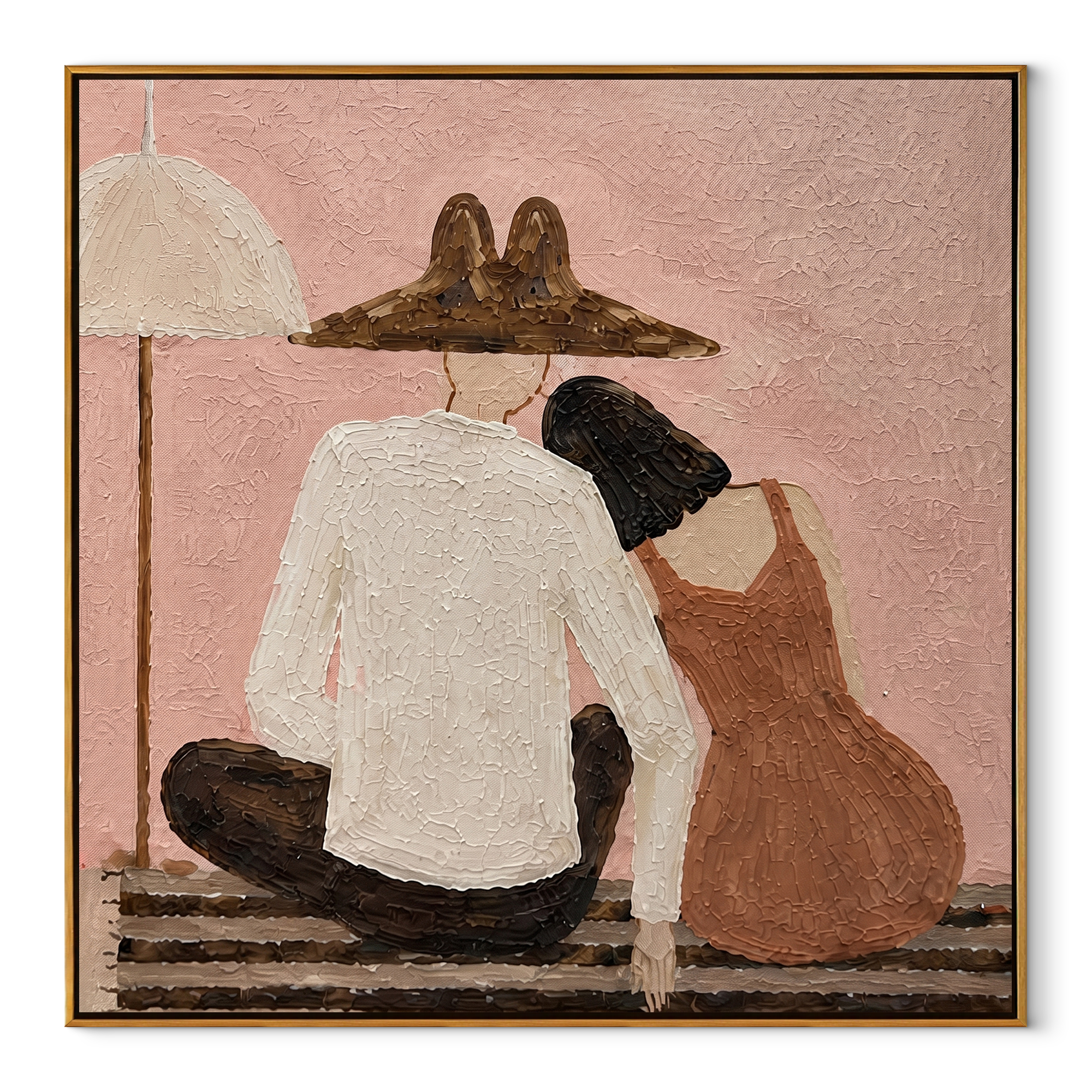 White Shirt Calms Blush - seated companion folk painting by Elliot Vale, modern figurative square wall art - wood frame on white background