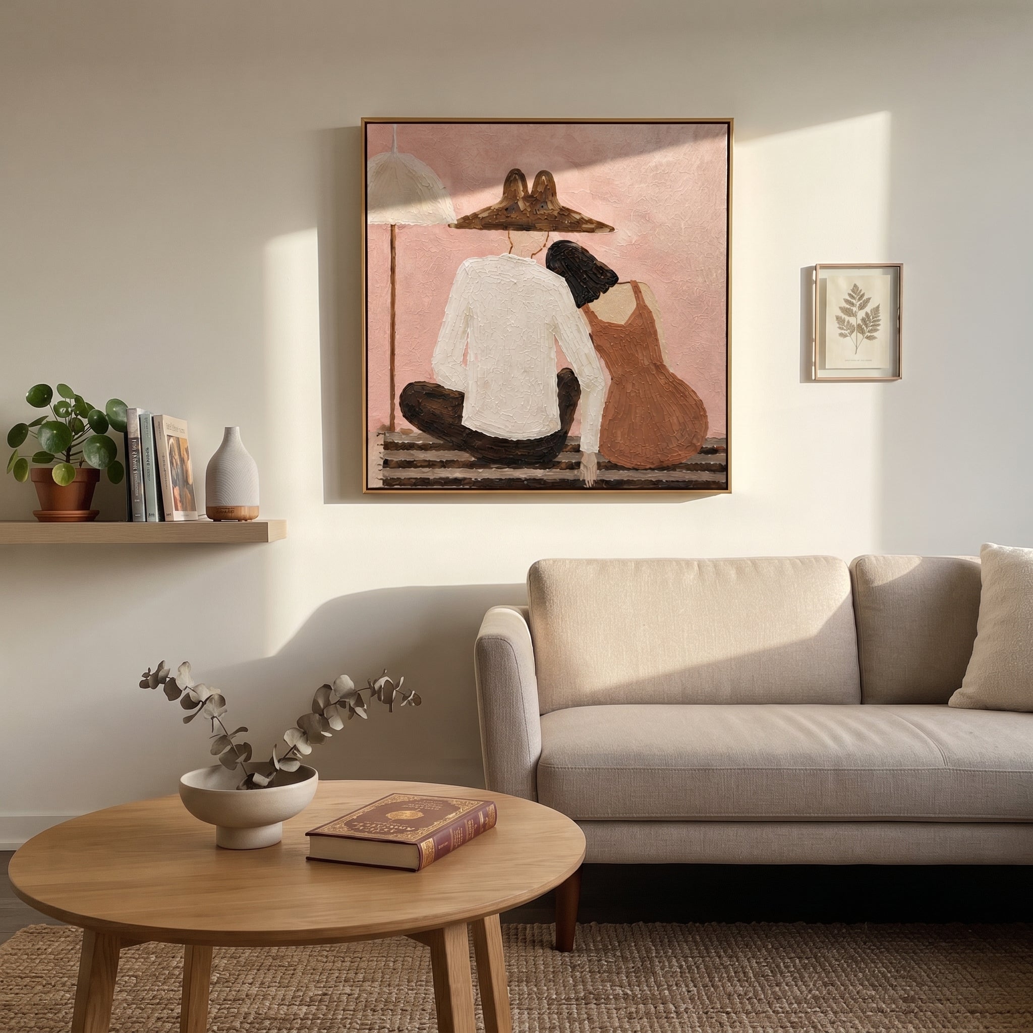 White Shirt Calms Blush - seated companion folk painting by Elliot Vale, modern figurative square wall art - styled room scene view 2