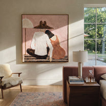 White Shirt Calms Blush - seated companion folk painting by Elliot Vale, modern figurative square wall art - styled room scene view 3