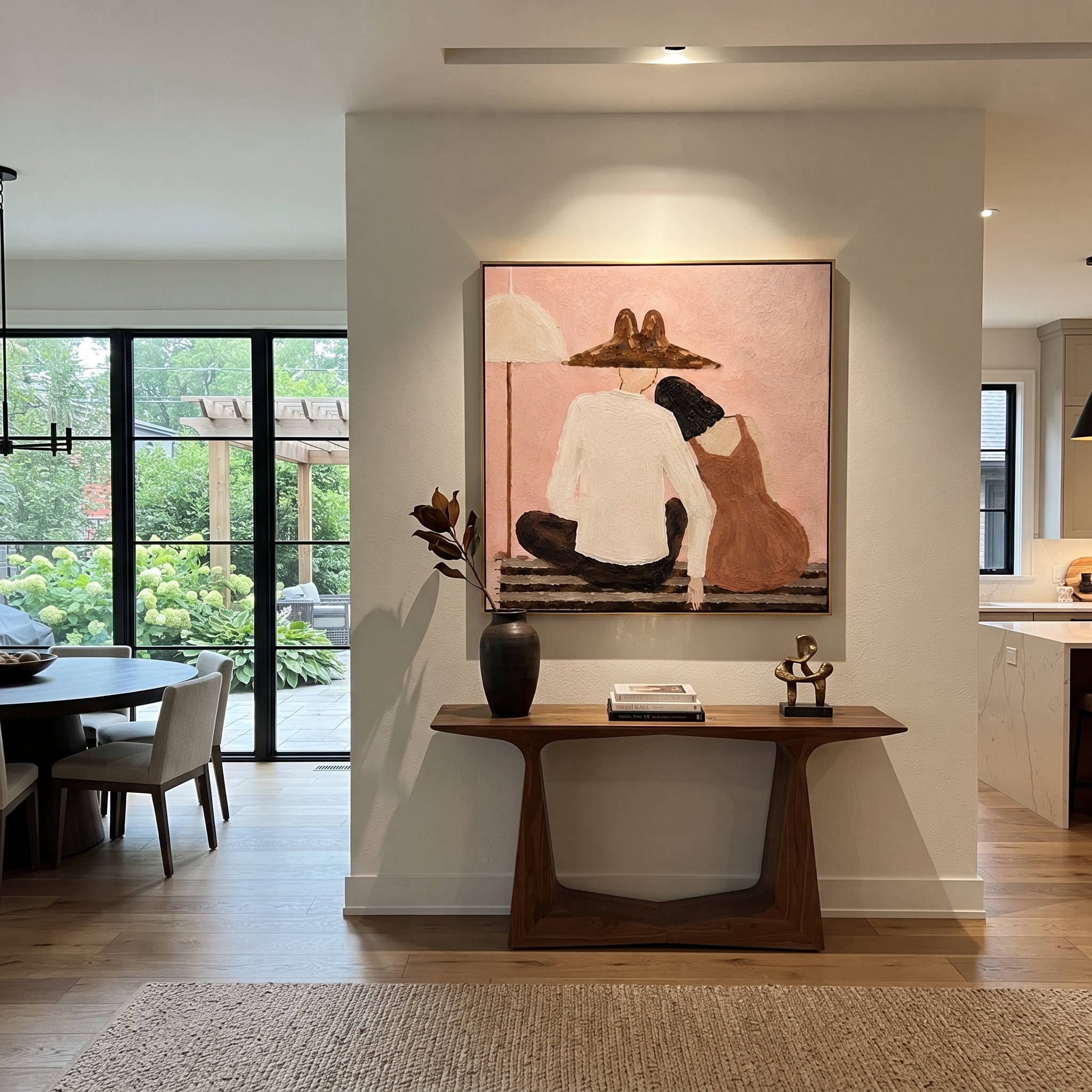 White Shirt Calms Blush - seated companion folk painting by Elliot Vale, modern figurative square wall art - styled room scene view 4