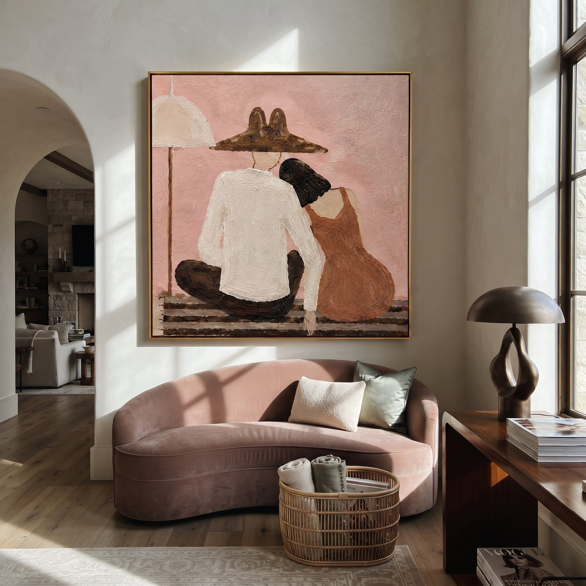 White Shirt Calms Blush - seated companion folk painting by Elliot Vale, modern figurative square wall art - styled room scene view 5
