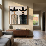 Black Brims Divide Stripes - striped bearded pair painting by Elliot Vale, modern figurative square wall art - styled room scene view 1