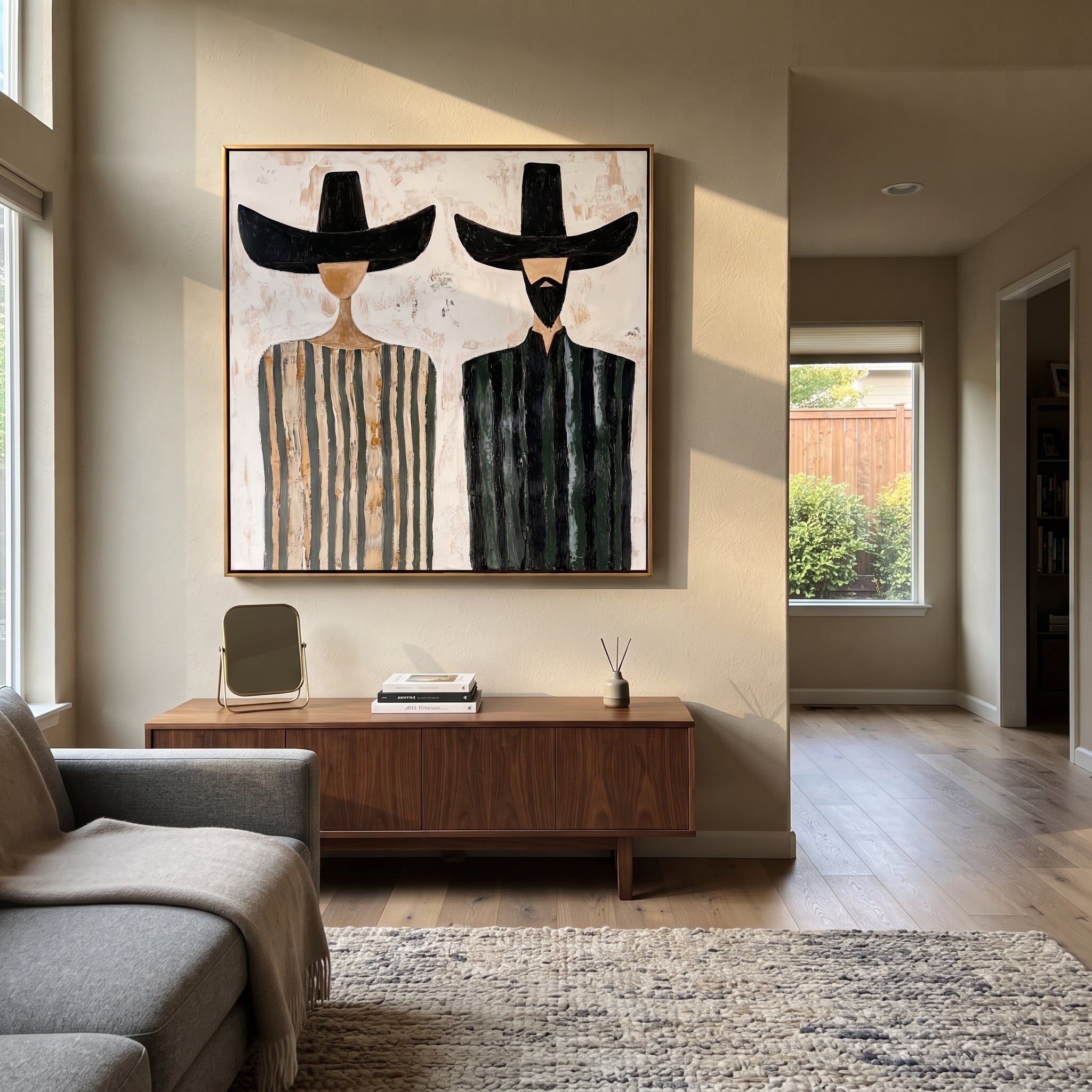 Black Brims Divide Stripes - striped bearded pair painting by Elliot Vale, modern figurative square wall art - styled room scene view 1