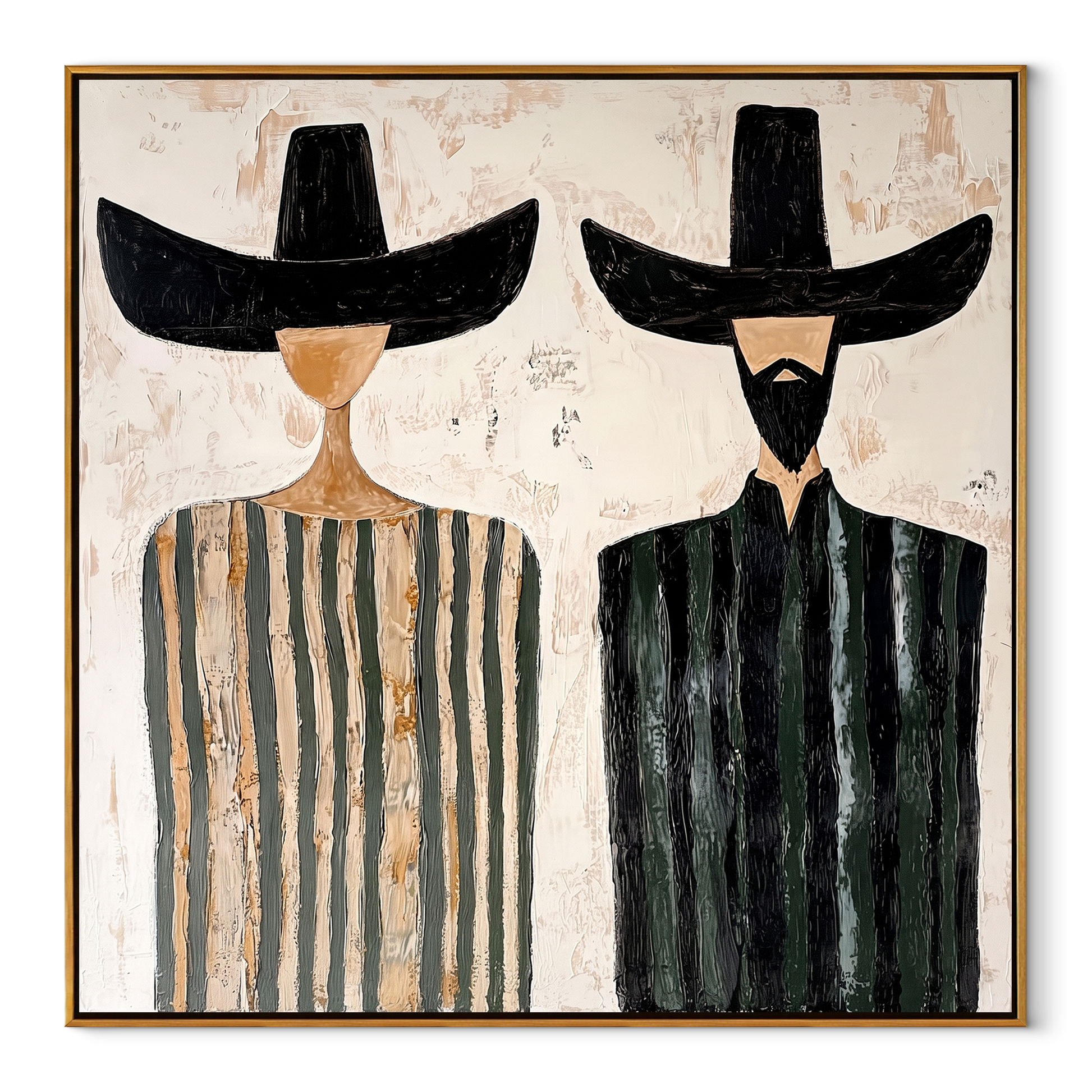 Black Brims Divide Stripes - striped bearded pair painting by Elliot Vale, modern figurative square wall art - wood frame on white background