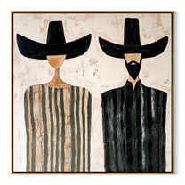 Black Brims Divide Stripes - striped bearded pair painting by Elliot Vale, modern figurative square wall art - wood frame on white background
