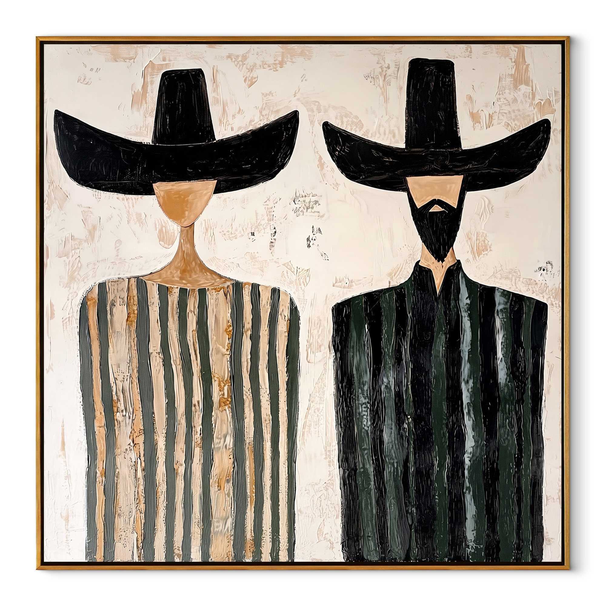 Black Brims Divide Stripes - striped bearded pair painting by Elliot Vale, modern figurative square wall art - wood frame on white background