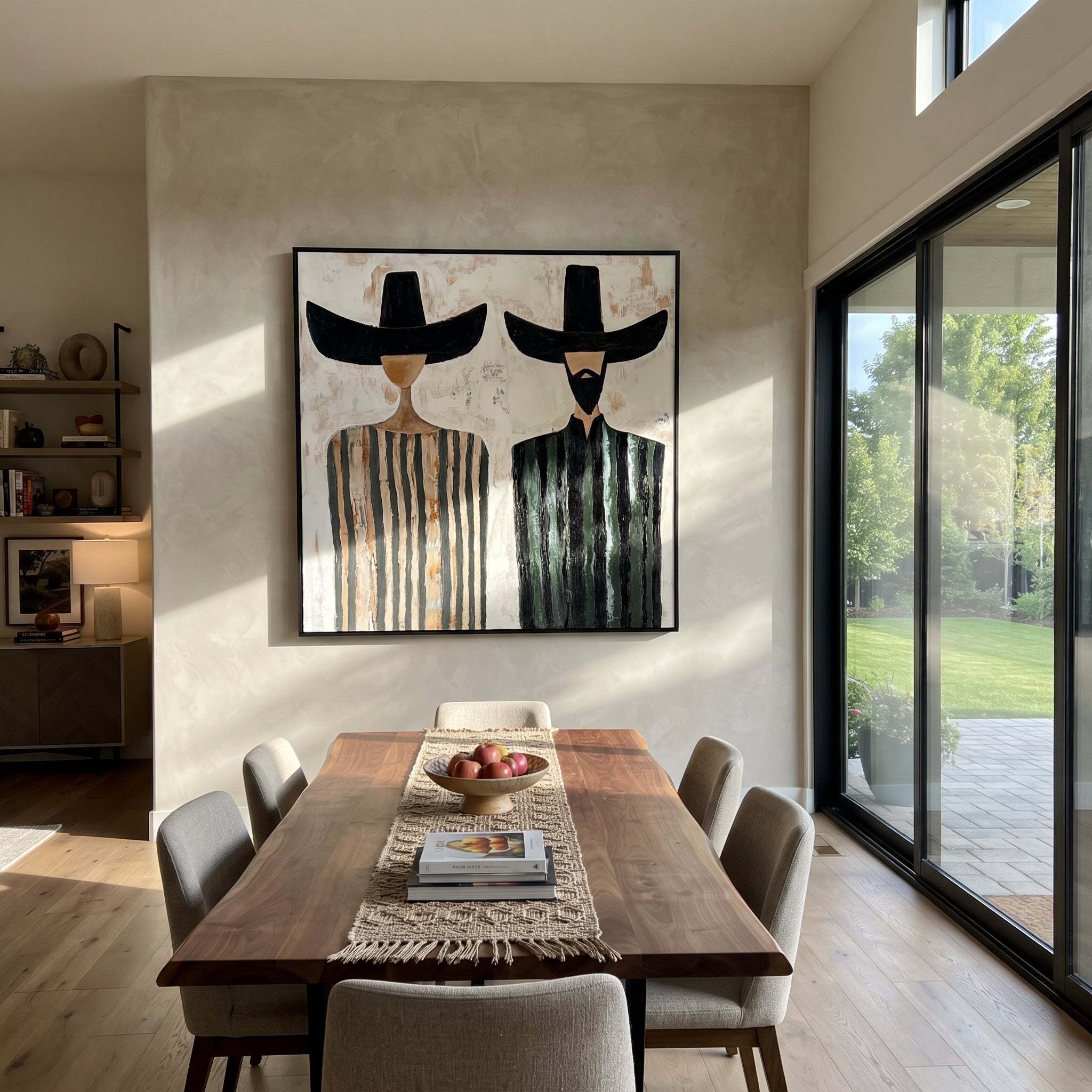Black Brims Divide Stripes - striped bearded pair painting by Elliot Vale, modern figurative square wall art - styled room scene view 3
